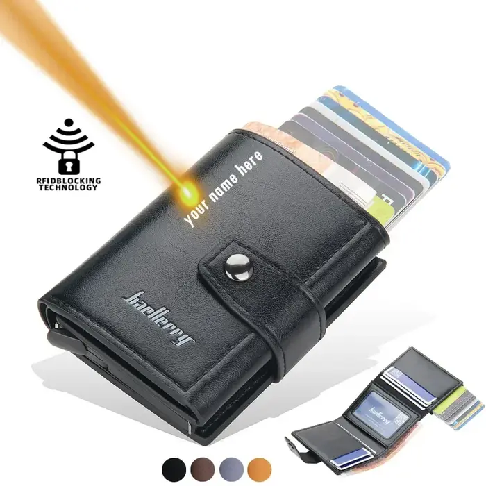 Porte-cartes personnalisé en aluminium pour hommes – Portefeuille en cuir PU bloquant RFID – Nom gravé pour cartes de crédit/banques et protection d'identité