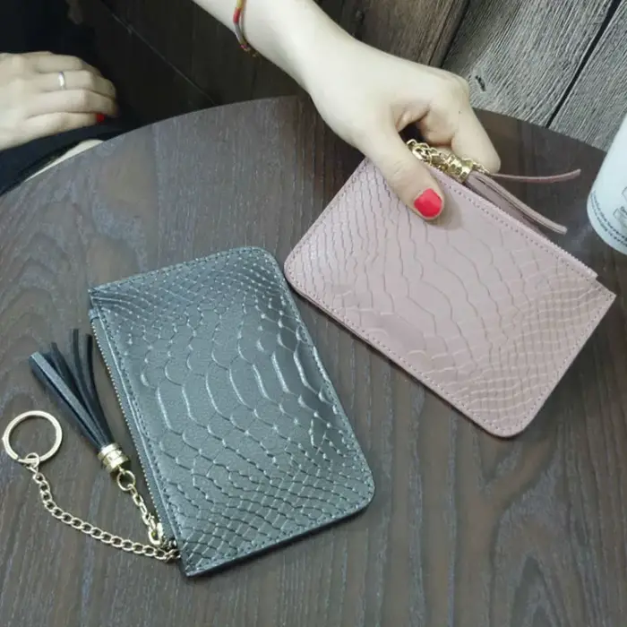 Mini porte-monnaie avec porte-cartes pour dames, sac à main en cuir véritable, motif salle, fermeture éclair courte, pochette mince avec porte-clés, mode