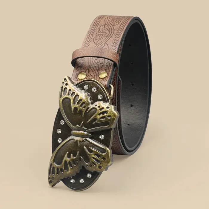 Ceinture papillon rétro Brown Street Punk – Boucle papillon en strass