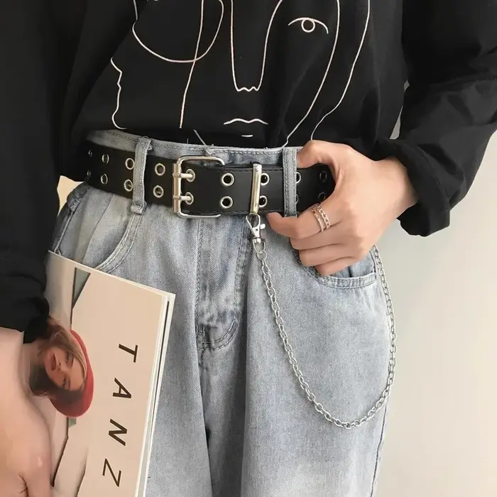 Ceinture gothique à Double anneau avec chaîne, ceinture en jean unisexe, boucle ardillon Punk, ceinture décorative, loisirs en alliage pour femmes, Double trou