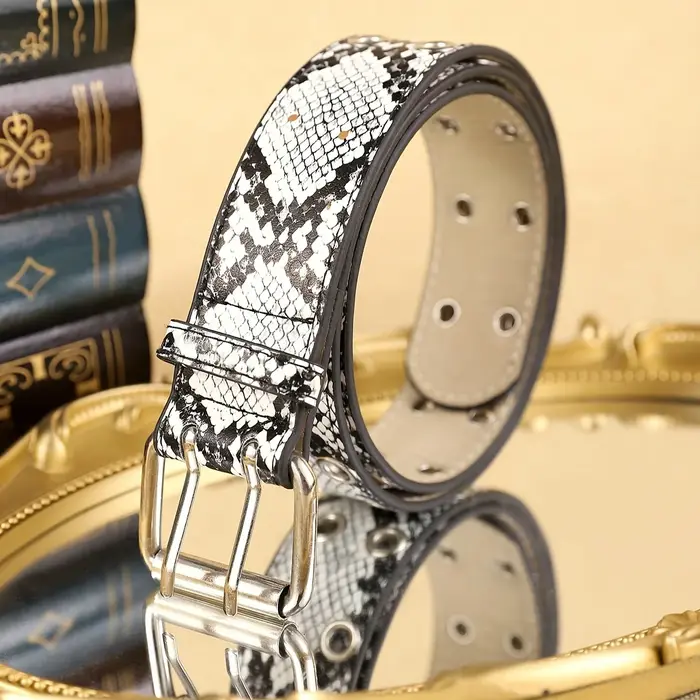 Ceinture en cuir PU à motif python noir et blanc pour femme