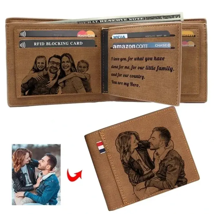 Portefeuille court personnalisé pour hommes – 2 images et texte gravés à l'intérieur – Cadeau pour lui
