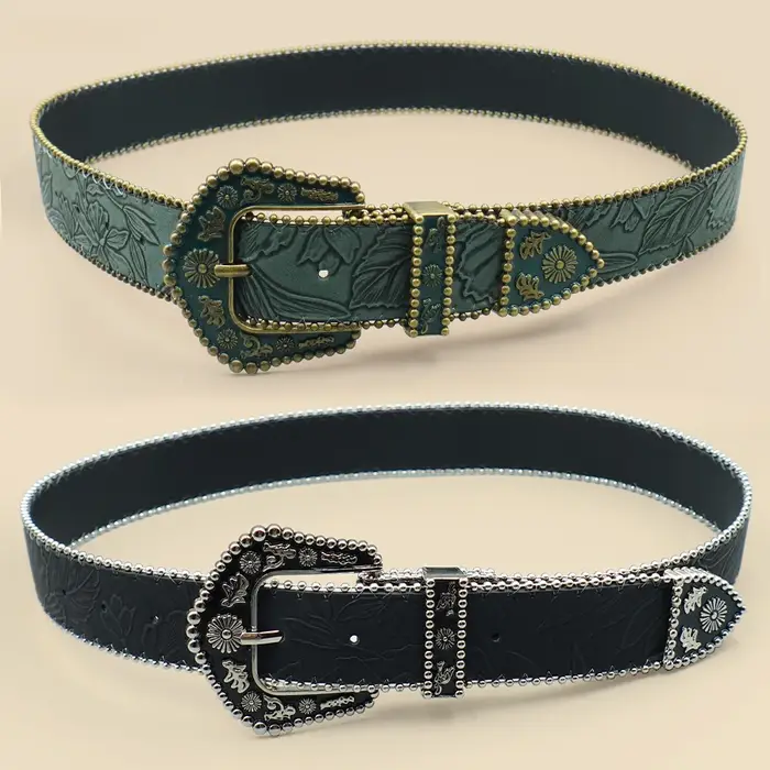 Ceinture bohème pour femme avec accents de perles métalliques – Boucle sculptée vintage et détail de chaîne gravée en feuilles pour une élégance décontractée