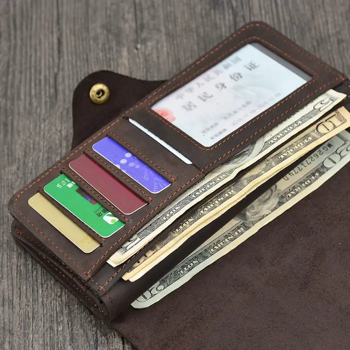 Portefeuille Long en Cuir de Cheval pour Homme, Pochette à Trois Volets, Marron, avec Poche pour Téléphone et Monnaie