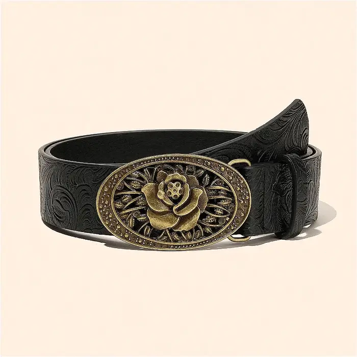 Ceinture en cuir ovale pour femme, élégante et raffinée, avec boucle rose rétro, ceinture de taille 