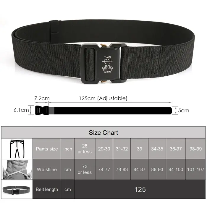 KOLBER 5cm Ceinture élastique hommes alliage d’aluminium boucle à dégagement rapide tactique en plein air