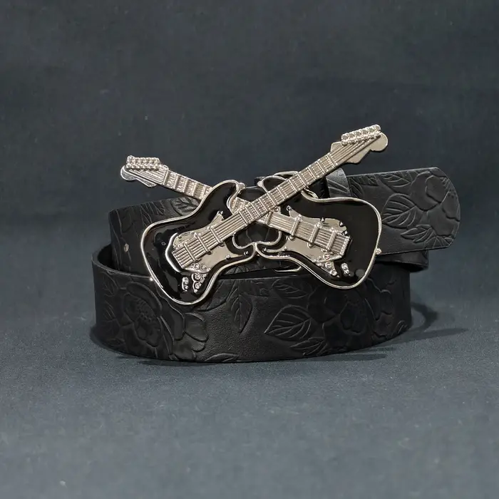 Rock Style guitare grande boucle en cuir PU ceinture en relief pour femmes personnalisé décontracté hommes