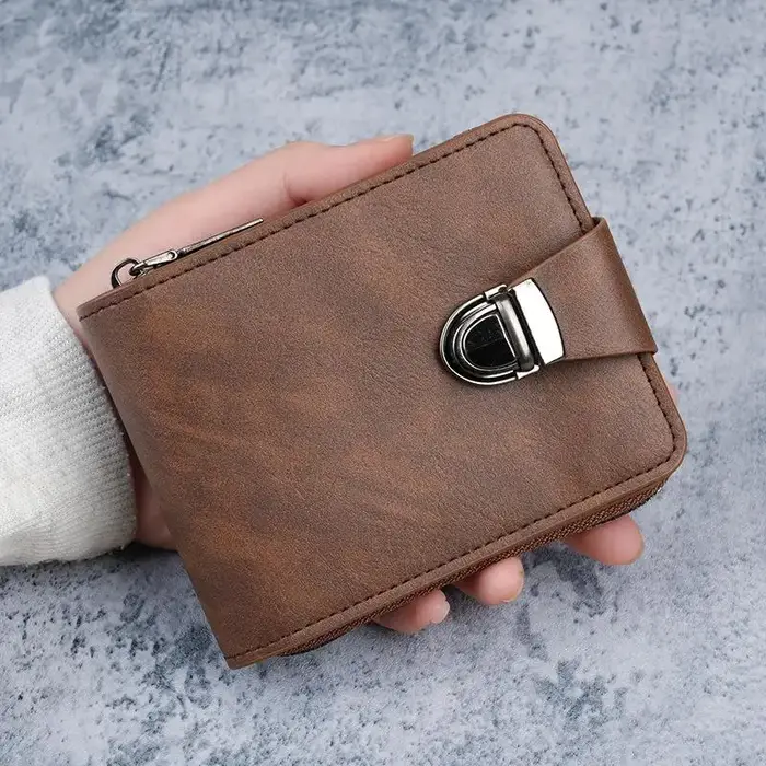 Portefeuille vintage en cuir PU pour homme avec boucle métallique sécurisée et plusieurs emplacements pour cartes