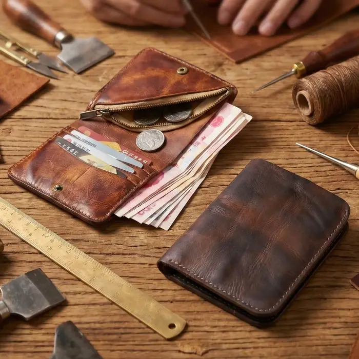 Portefeuille vintage en cuir tanné végétal - Portefeuilles à fermeture à bouton-pression avec poche à monnaie zippée