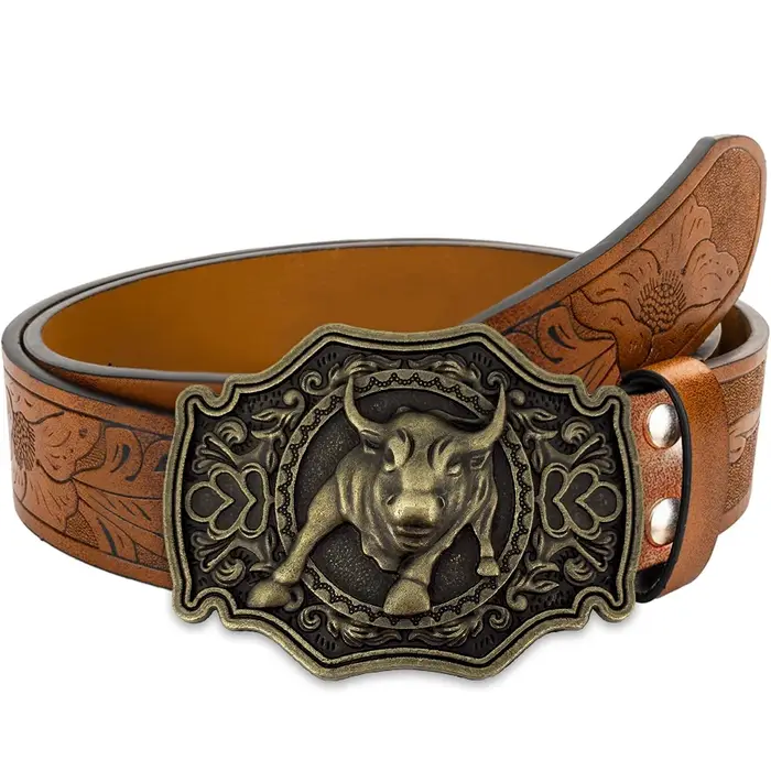 Ceinture Golden Calf avec grande boucle sculptée exquise en alliage pour hommes et femmes - Motif irrégulier fleur