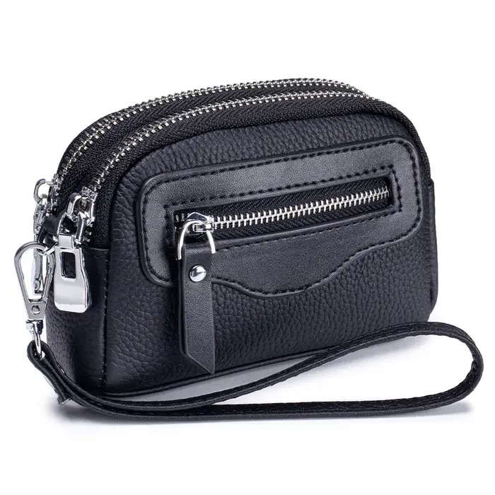 Nouveaux portefeuilles pour femmes en cuir véritable Double fermeture éclair sacs à main multifonctionnel grande capacité sac à monnaie petits porte-cartes de poignet