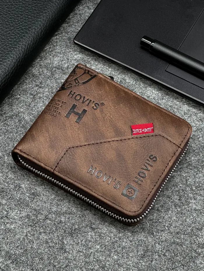 Portefeuille en PU pour hommes mince à fermeture éclair – Taille compacte pour pièces de monnaie et 