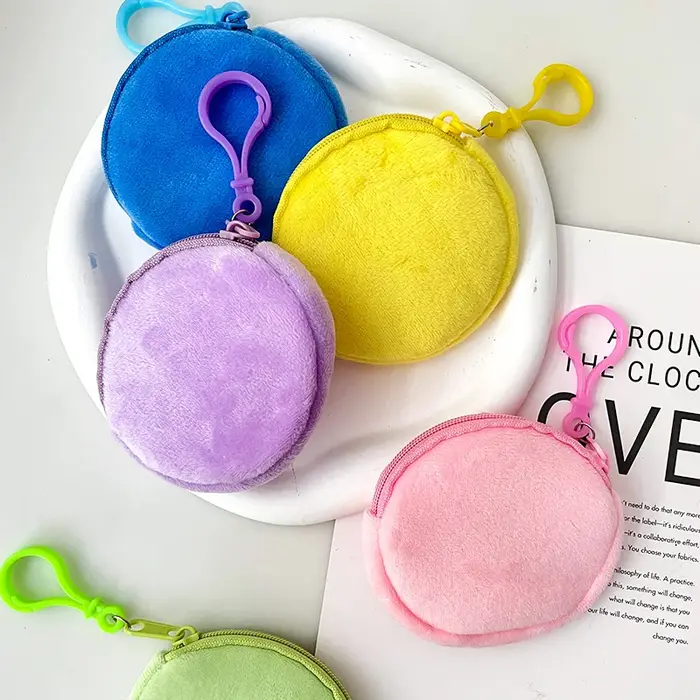 Porte-monnaie rond en peluche solide simple pour hommes et femmes