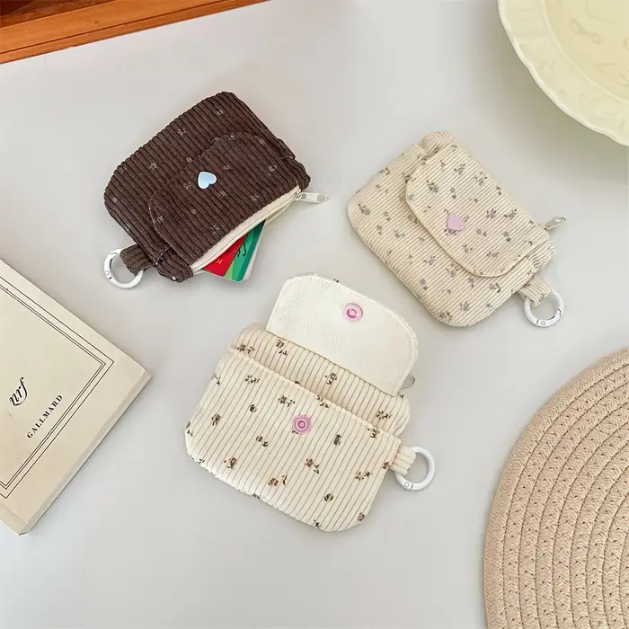 Porte-monnaie en velours côtelé, portefeuille pour femme, porte-cartes à fermeture éclair, pochette pour cartes bancaires et d'identité, trousse à maquillage pour rouge à lèvres