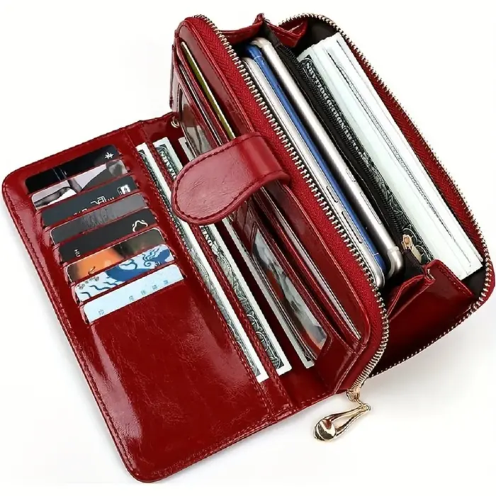 Portefeuille long en cuir ciré brillant et brillant qui peut contenir plusieurs cartes, sacs à carte
