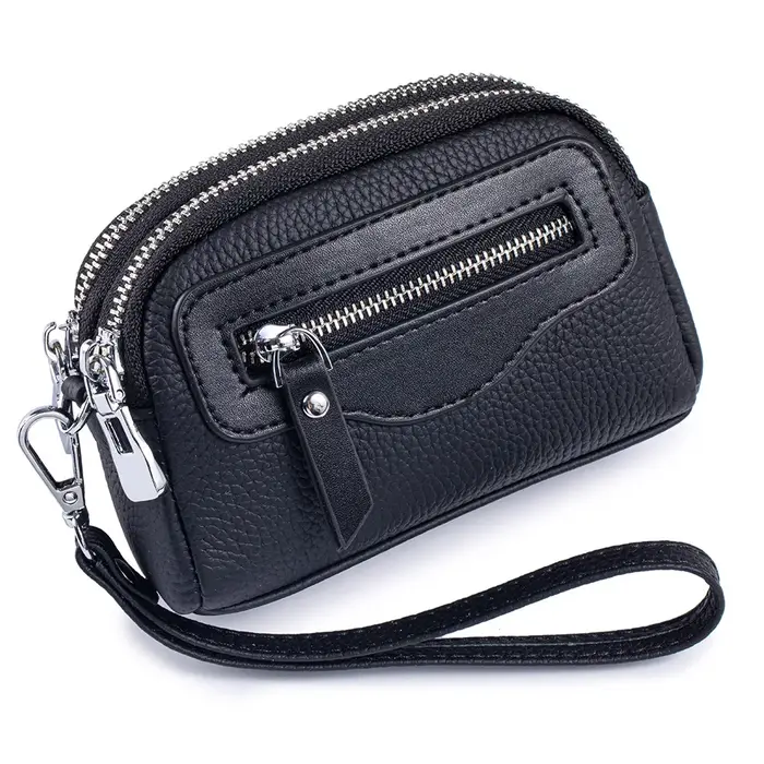 Nouveaux portefeuilles pour femmes en cuir véritable Double fermeture éclair sacs à main multifonctionnel grande capacité sac à monnaie petits porte-cartes de poignet