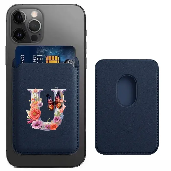 Porte-cartes bleu en cuir PU, portefeuille magnétique pour téléphone, poche amovible fine, durable et anti-rayures, motif papillon et lettres