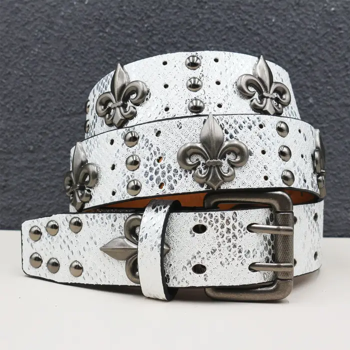 Ceinture à boucle double aiguille avec motif crocodile noir épais, ceinture à rivets Goth Skeleton,