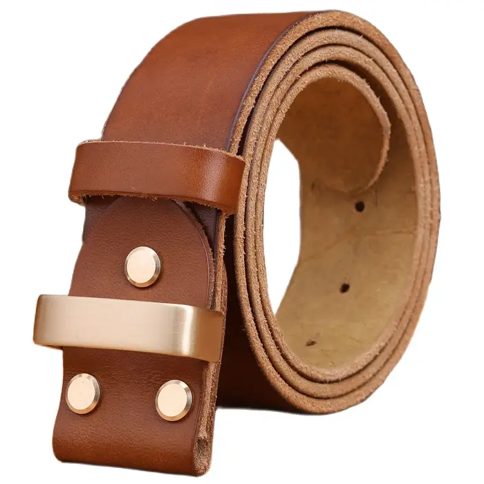 Ceinture en cuir sans boucle lisse dorée pour hommes ceintures de luxe cowboys marron chameau match