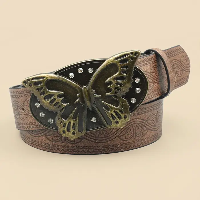 Ceinture papillon rétro Brown Street Punk – Boucle papillon en strass, classique et polyvalente pour
