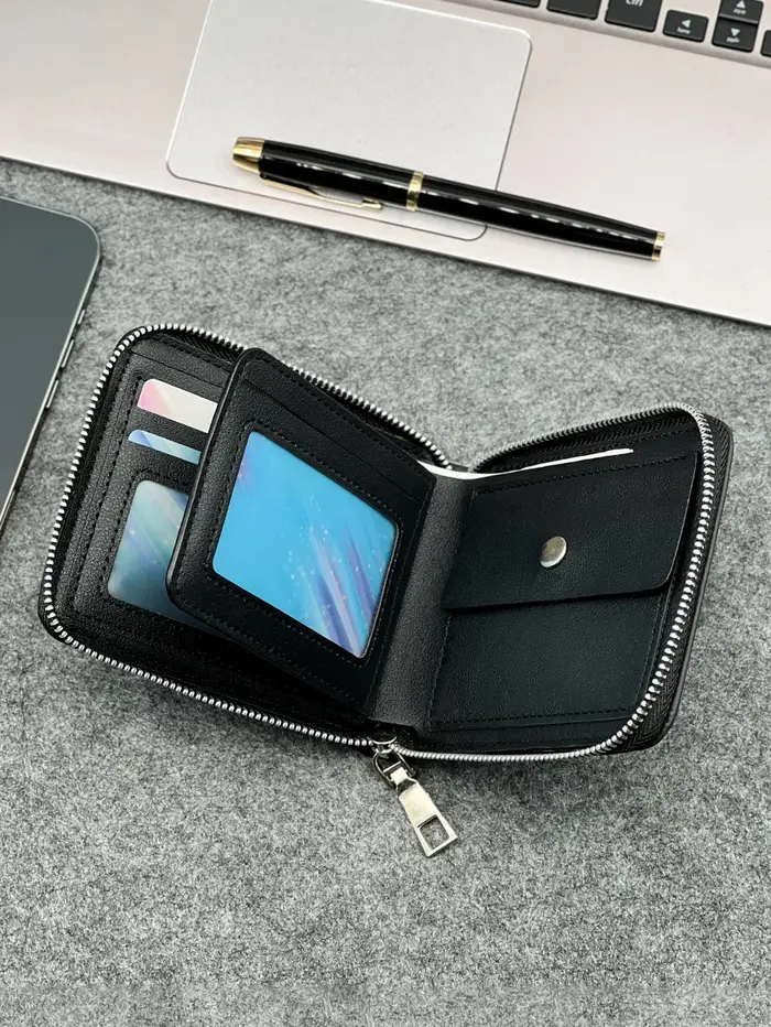 Portefeuille en PU pour hommes mince à fermeture éclair – Taille compacte pour pièces de monnaie et cartes – Design professionnel