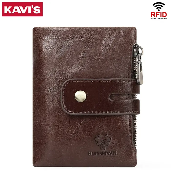 Portefeuille homme KAVIS à double pliage de couleur unie, première couche de cuir de vachette, lisse