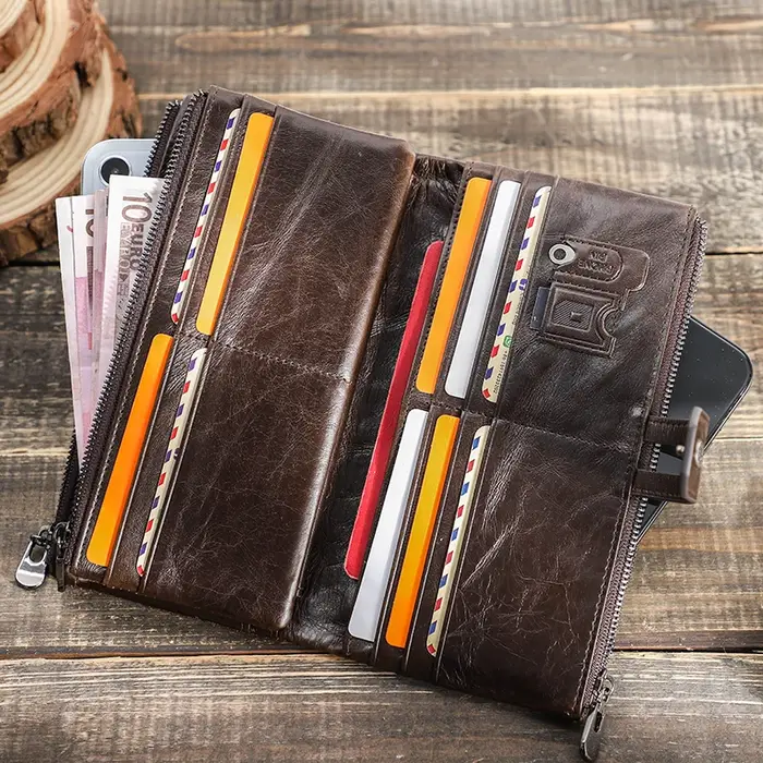 CONTACT'S Long portefeuille hommes en cuir véritable pochette portefeuilles Rfid sac d'argent avec poche pour téléphone qualité porte-carte mâle porte-monnaie