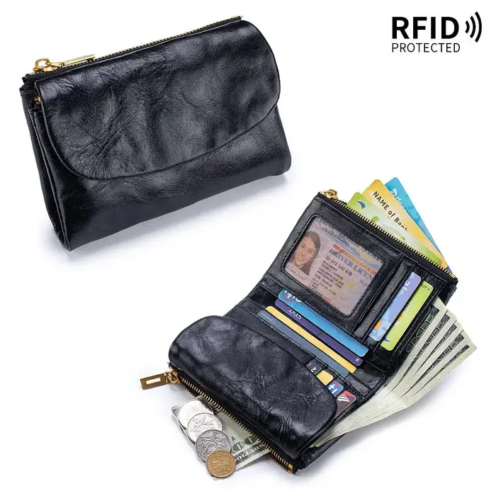 Portefeuille court à trois volets en cuir souple tanné végétal pour femme, anti-RFID, grande capacit