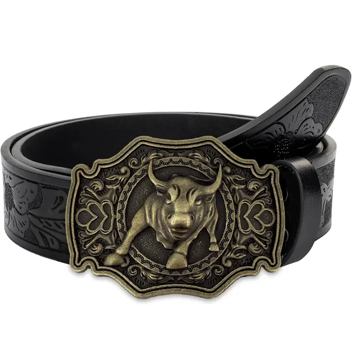 Ceinture Golden Calf avec grande boucle sculptée exquise en alliage pour hommes et femmes - Motif irrégulier fleur