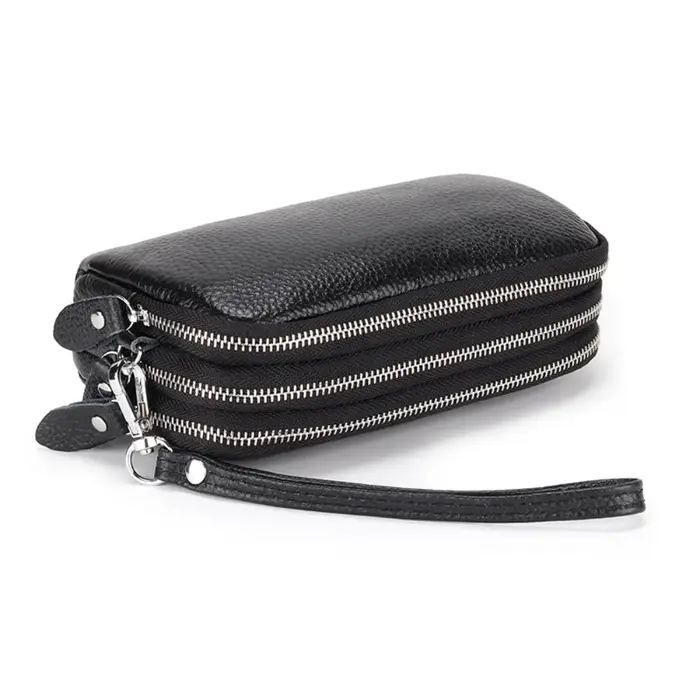 Femmes Long portefeuille en cuir véritable 3 couches fermeture éclair sac à main grande capacité bracelet pochette