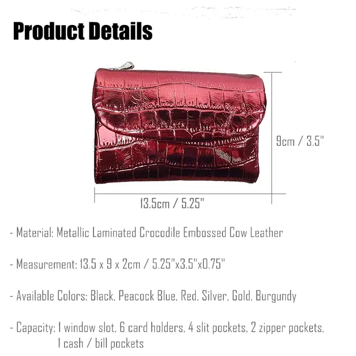 Portefeuille court motif Crocodile métallique pour femmes