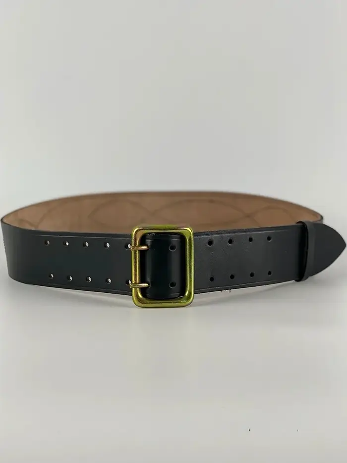 Ceinture en cuir de vachette à double boucle métallique russe, noir et marron