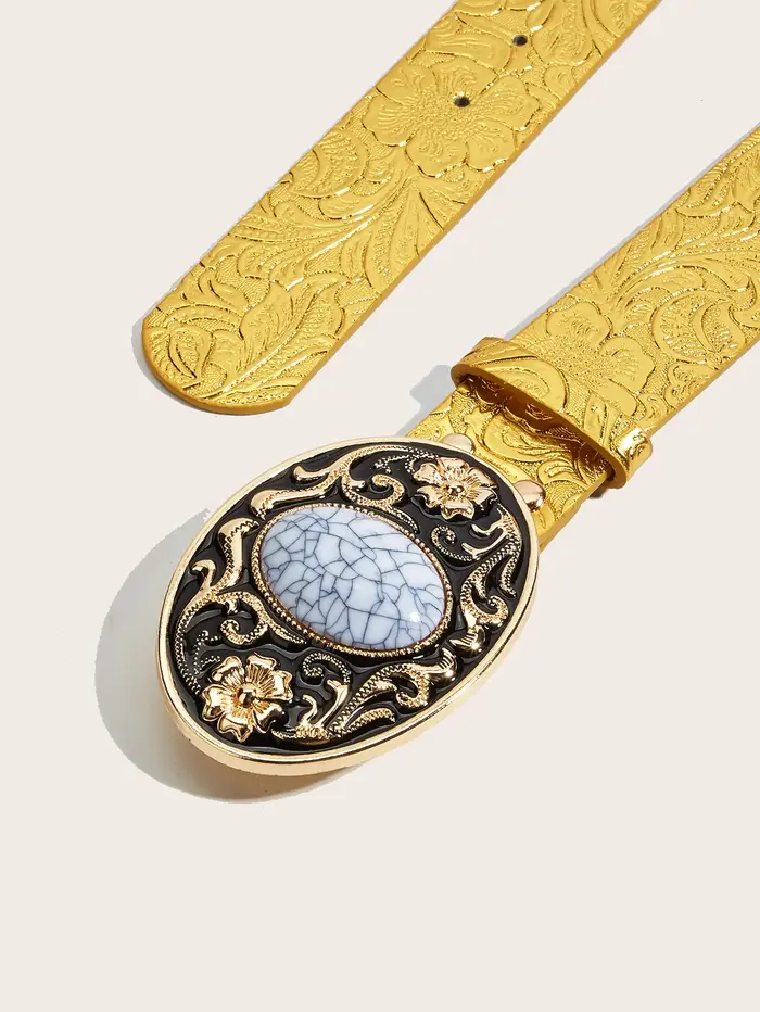 Ceinture western dorée pour femme avec boucle ovale en pierre sculptée. Style cowgirl Y2K tendance pour jeans et
