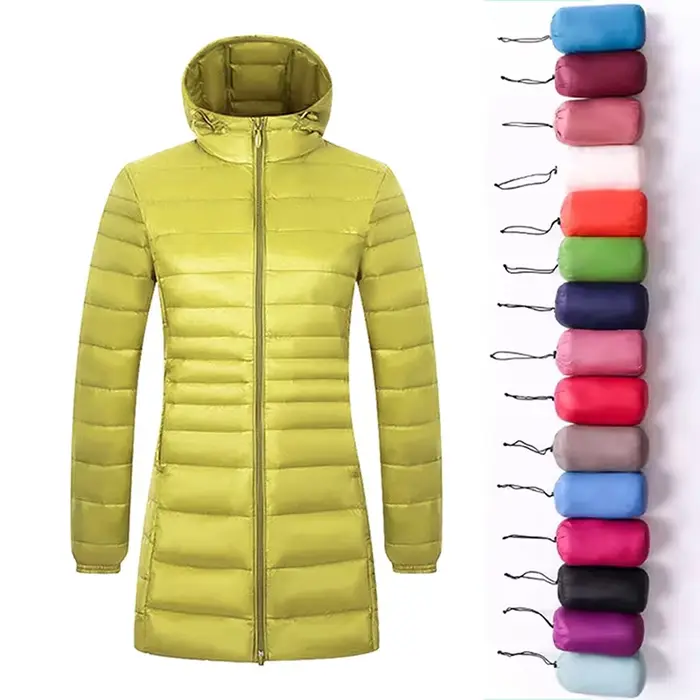 Manteau long en duvet chaud pour femme avec sac de rangement portable
