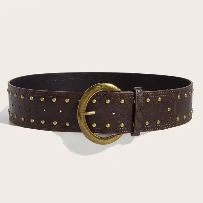 Ceinture large en rivets de style streetwear américain pour femmes, boucle en métal vintage, noir/br