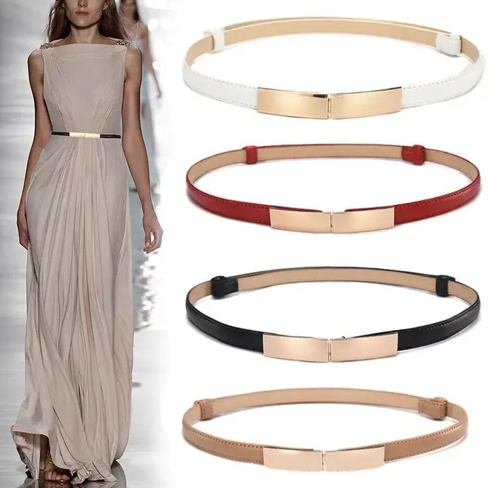 Ceinture robe Simple polyvalente mode femmes en cuir mince maigre métal or élastique boucle