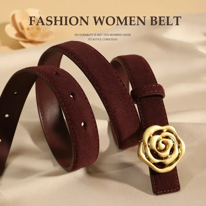 Ceinture en cuir suédé pour femme, style vintage, boucle fleur rose dorée, avec emballage cadeau, pour robe ou jean