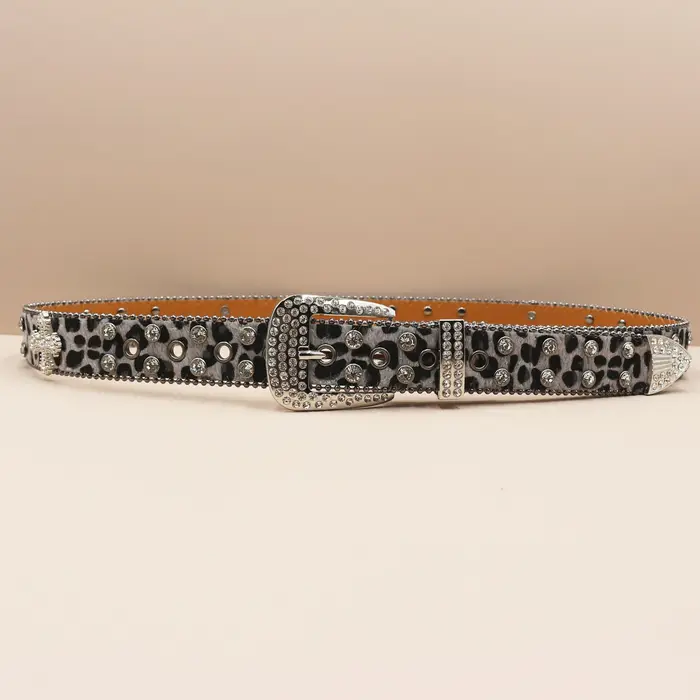 Ceinture en cuir à imprimé léopard et strass pour hommes et femmes