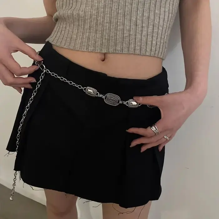 Ceinture Rétro Argentée en Cuir Fin pour Femme