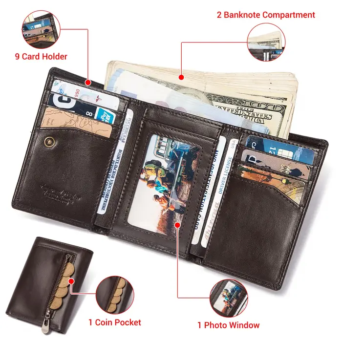 HUMERPAUL portefeuille mince pour hommes RFID Original en cuir véritable porte-cartes à trois volets petite pochette de