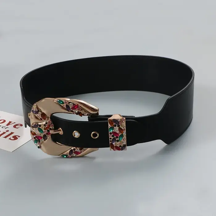 Ceinture large en cuir de luxe, style rétro, avec strass et zircon, design de niche, élégante et ten