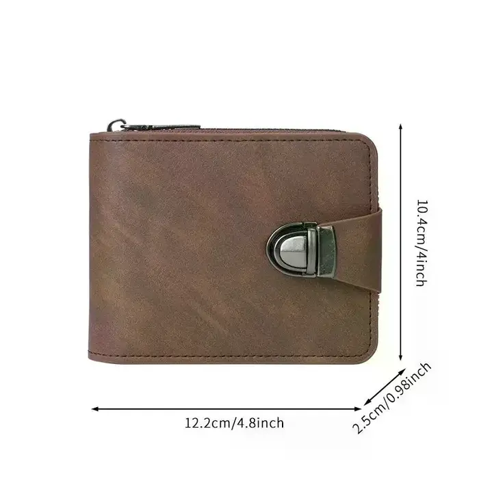 Portefeuille rétro en cuir PU à double pliage, boucle métallique de sécurité anti-perte, emplacements pour plusieurs cartes, pour les déplacements quotidiens et les voyages