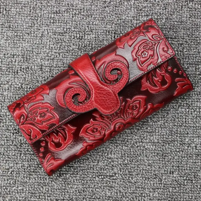 Portefeuille floral en cuir véritable pour femme