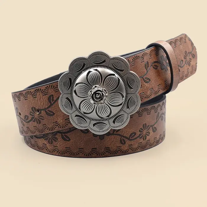 Ceinture élégante bohème vintage pour femme – Ceinture à boucle ajourée ornée de fleurs pour un usag