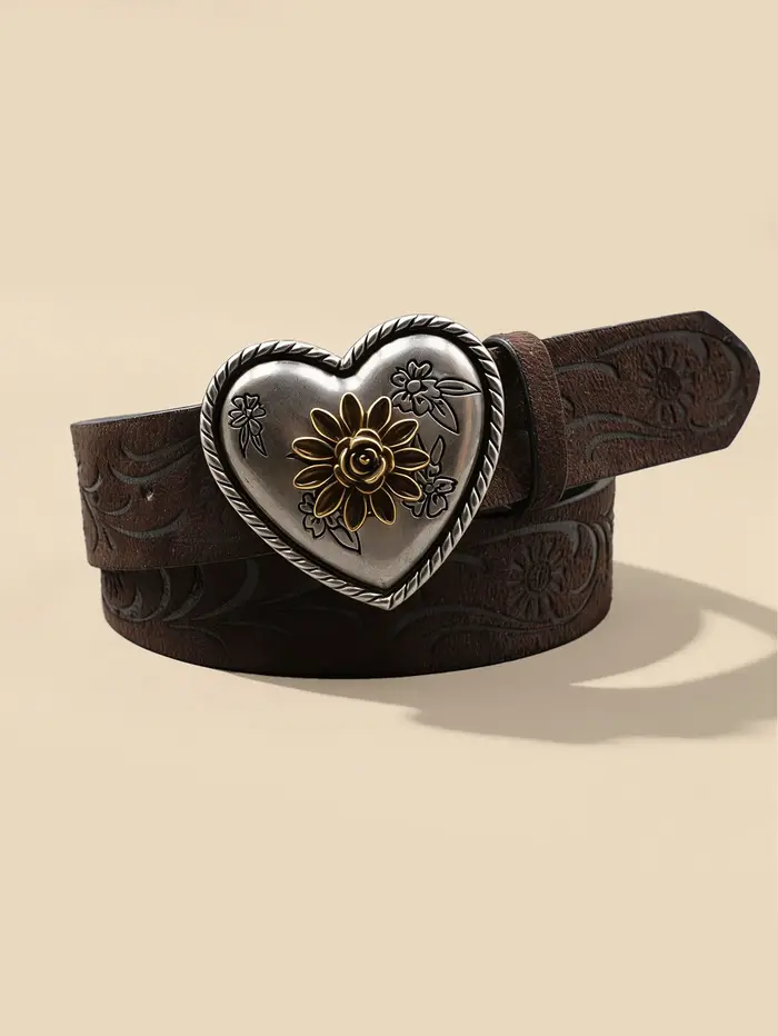 Ceinture à boucle en métal en forme de cœur et de fleur pour femmes