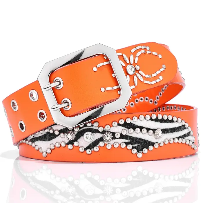 Ceinture en cuir orange avec strass pour femme
