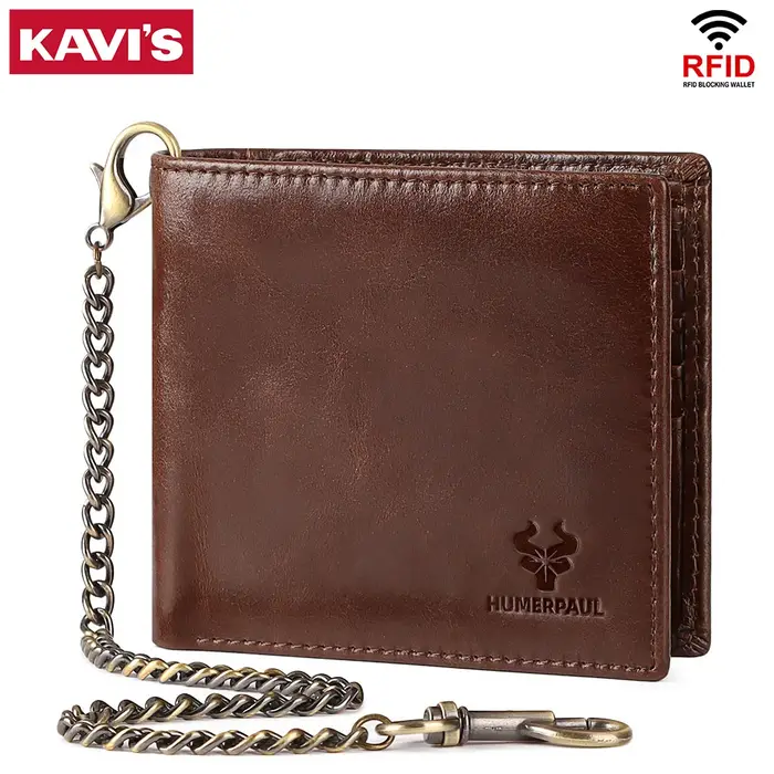 KAVIS Portefeuille en cuir pour homme, double pliage, grande capacité, multi-cartes, avec chaîne