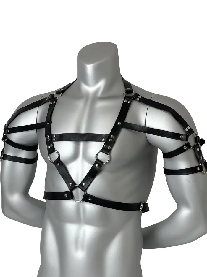 Ceinture en cuir PU noir chic pour homme avec rivets, style gothique punk, sangle de poitrine réglable, pour tenue de soirée