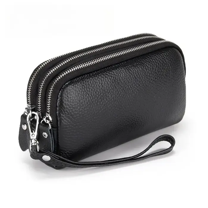 Femmes Long portefeuille en cuir véritable 3 couches fermeture éclair sac à main grande capacité bracelet pochette