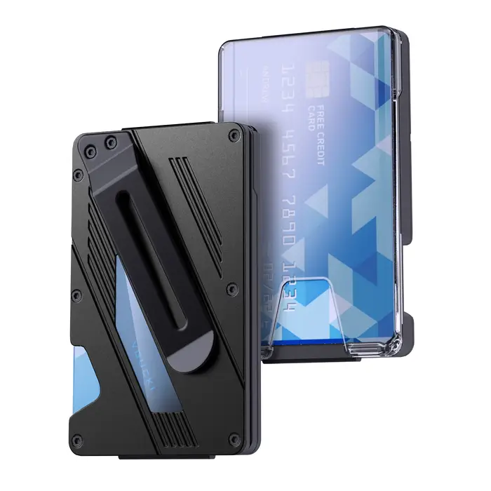 Portefeuille pour hommes-portefeuille mince à pince à billets en aluminium avec porte-carte d'identité transparent